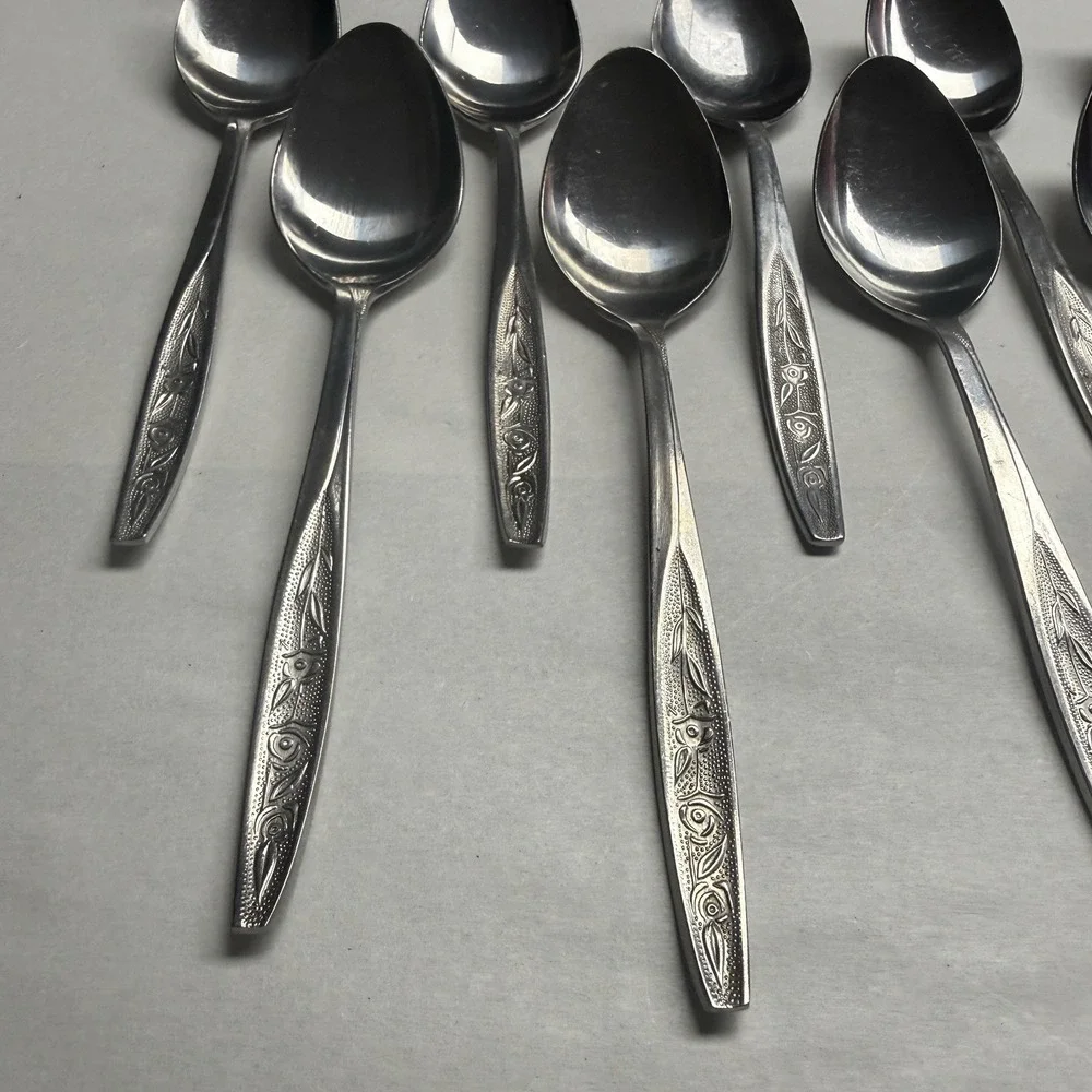 9 Vintage Customcraft CUS1 Soup Table Spoons Roses Stainless Steel Flatware